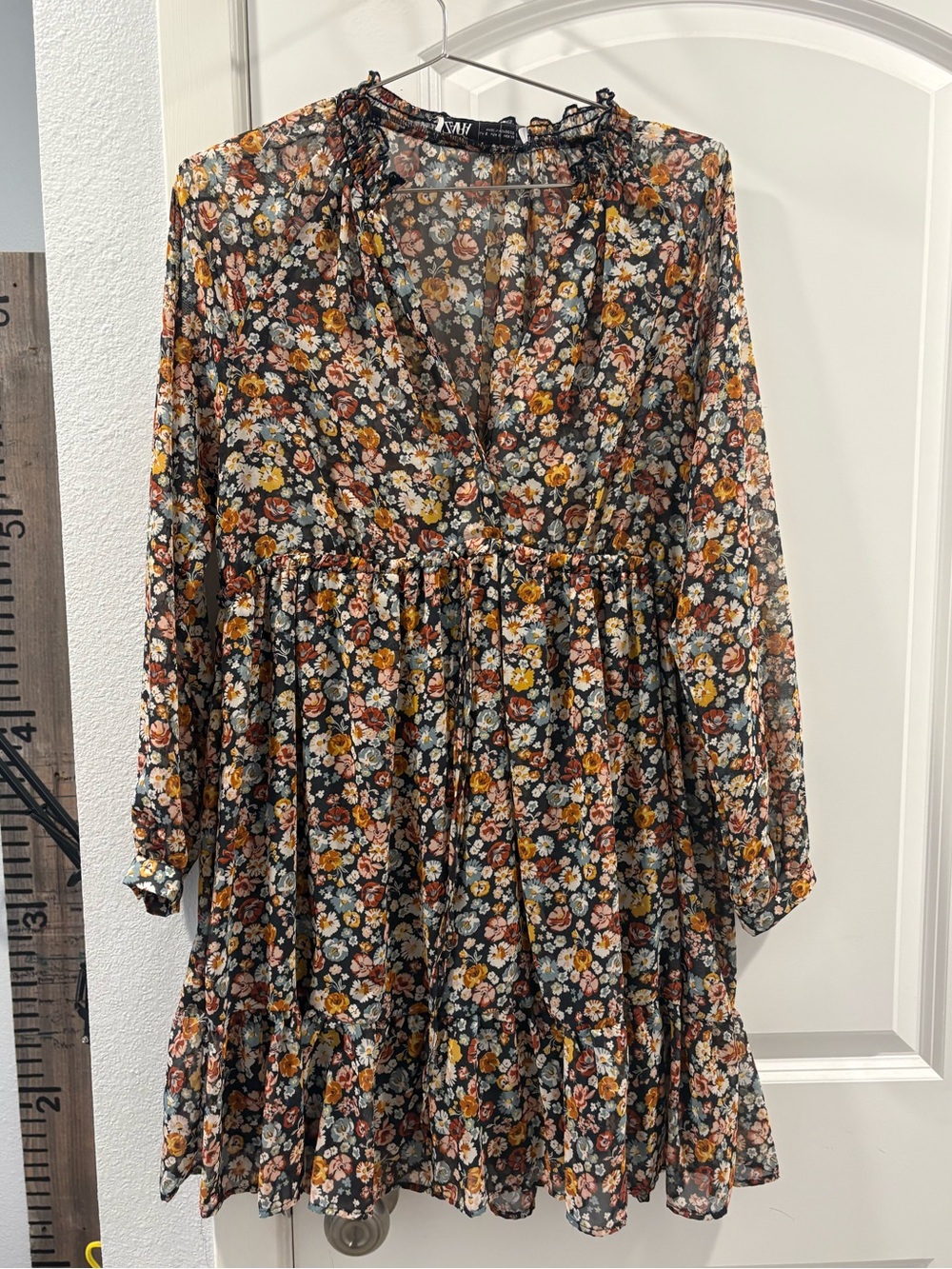 Zara Black Floral Tiered V-Neck Mini Dress